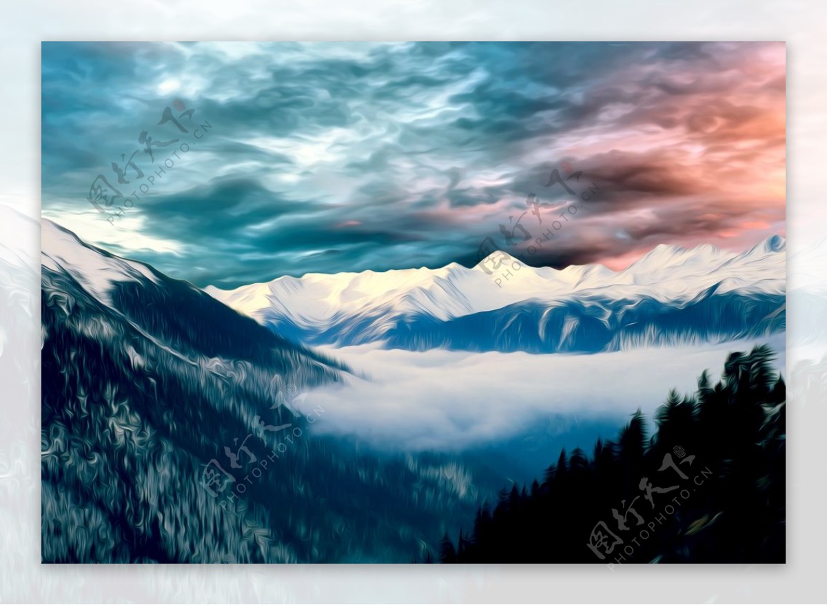 云雾雪山风景油画图片